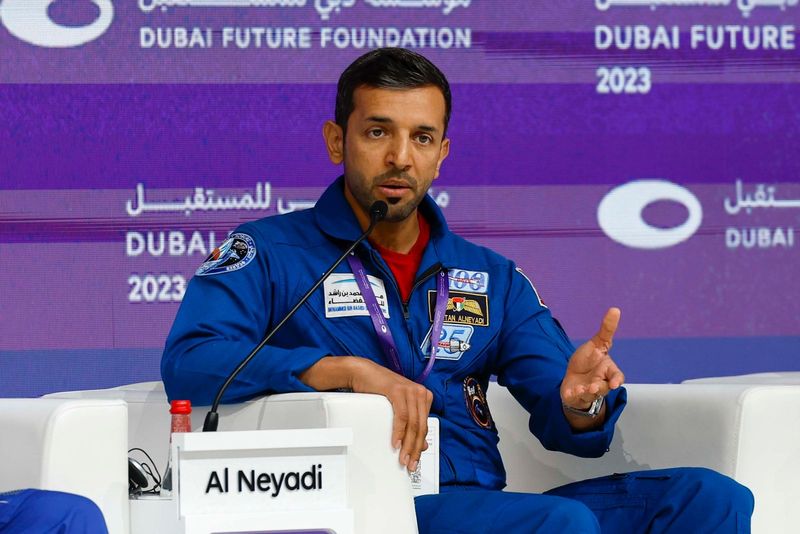 Emirati astronaut Sultan Al Neyadi speaks at a panel discussion at the Dubai Future Forum on November 27.