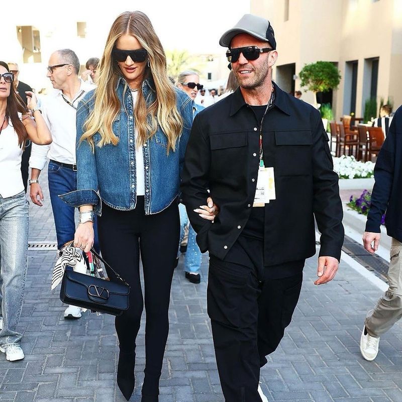 Jason Statham rocked a sleek all-black ensemble, exuding comfort and style, while his longtime partner, model Rosie Huntington-Whiteley, opted for a chic denim jacket look at the event.