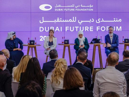 Prof. Pascale Fung, Hong Kong University of Science & Technology, Prof. Hoda Alkhzaimi, Emaratsec, and William Hurley, Strangeworks, along with the moderator Faisal Kazim, UAE C4IR during the panel discussion on ‘Through the Looking Glass: Are We Ready for the Age of AI?’ at Dubai Future Forum in Museum of the Future in Dubai. 27th November 2023. Photo:Ahmed Ramzan/Gulf News
