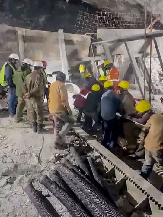 Uttarkashi, Nov 27 (ANI): Rescue operation is underway in the Silkyara Tunnel where 41 workers are trapped inside after a portion of it collapsed, in Uttarkashi on Monday. (ANI Photo)