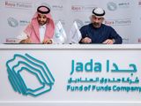 Bandr Alhomaly, CEO of Jada Fund of Funds Company (left), signs its first private debt deal with executives from Ruya Partners.