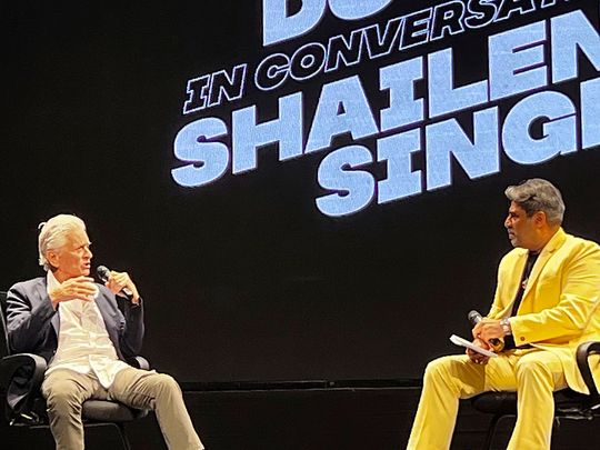 Hollywood actor and producer Michael Douglas speaks with Indian film producer Shailendra Singh at a session on the last day of the 54th International Film Festival of India, in Goa, India, Tuesday, Nov. 28, 2023. Douglas was honoured with the Satyajit Ray Lifetime Achievement Award at the festival. (AP Photo/Vineeta Deepak)