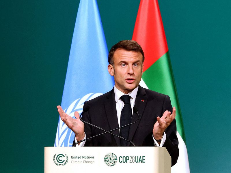 French President Emmanuel Macron delivers a national statement at the World Climate Action Summit.