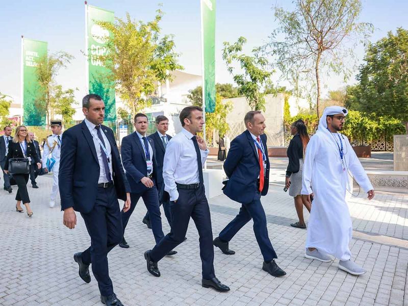 Emmanuel Macron, President of the French Republic arrives at the UN Climate Change Conference COP28 at Expo City Dubai on December 2, 2023, in Dubai, United Arab Emirates.