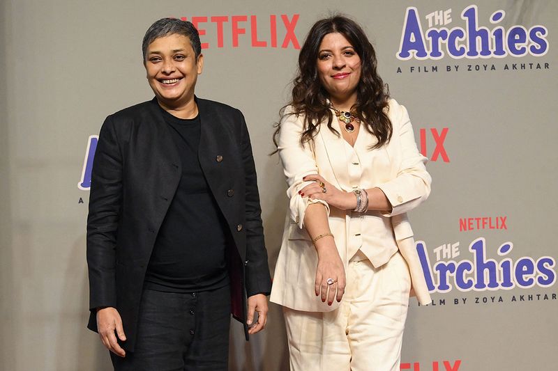 Bollywood film directors and screenwriters Reema Kagti (L) and Zoya Akhtar (R) attend the premiere of Netflix's Indian Hindi-Language teen musical comedy film ‘The Archies’ in Mumbai on December 5, 2023. (Photo by SUJIT JAISWAL / AFP)