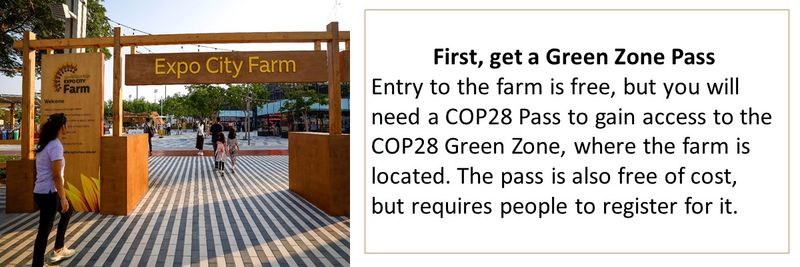 First, get a Green Zone Pass Entry to the farm is free, but you will need a COP28 Pass to gain access to the COP28 Green Zone, where the farm is located. The pass is also free of cost, but requires people to register for it.