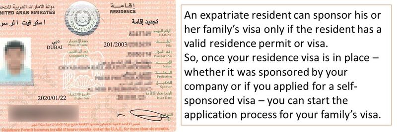 An expatriate resident can sponsor his or her family’s visa only if the resident has a valid residence permit or visa.  So, once your residence visa is in place – whether it was sponsored by your company or if you applied for a self-sponsored visa – you can start the application process for your family’s visa.