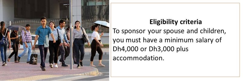 Eligibility criteria To sponsor your spouse and children, you must have a minimum salary of Dh4,000 or Dh3,000 plus accommodation.