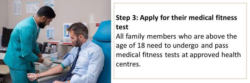 Step 3: Apply for their medical fitness test All family members who are above the age of 18 need to undergo and pass medical fitness tests at approved health centres.