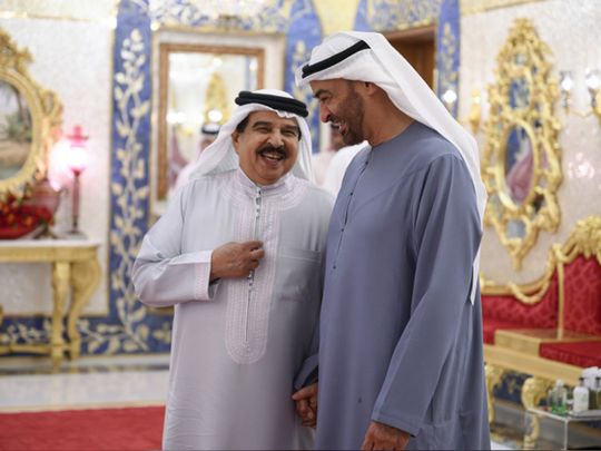 Archive image of President His Highness Sheikh Mohamed bin Zayed Al Nahyan (right) with His Majesty King Hamad bin Isa Al Khalifa of Bahrain