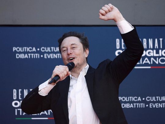 Tesla and SpaceX's CEO Elon Musk gestures