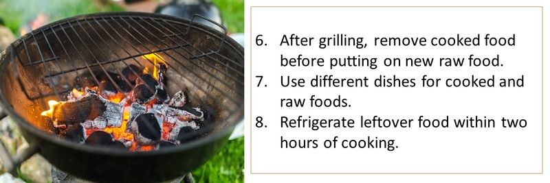 After grilling, remove cooked food before putting on new raw food.  Use different dishes for cooked and raw foods. Refrigerate leftover food within two hours of cooking.