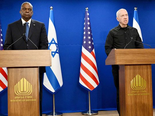 US Secretary of Defence Lloyd Austin (L) and Israel's Defence Minister Yoav Gallant give a joint press conference in Tel Aviv on December 18, 2023. 