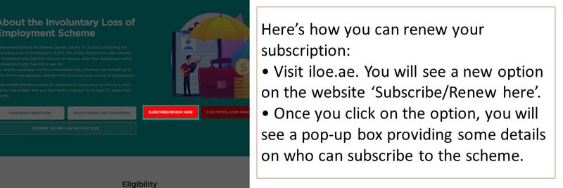 Here’s how you can renew your subscription: • Visit iloe.ae. You will see a new option on the website ‘Subscribe/Renew here’. • Once you click on the option, you will see a pop-up box providing some details on who can subscribe to the scheme. 