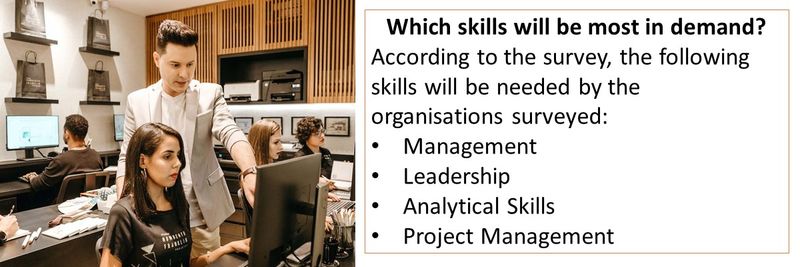 Which skills will be most in demand? According to the survey, the following skills will be needed by the organisations surveyed: Management Leadership Analytical Skills Project Management