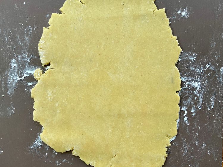 After the dough chills, roll it out on a floured surface to about 1/4-inch thickness