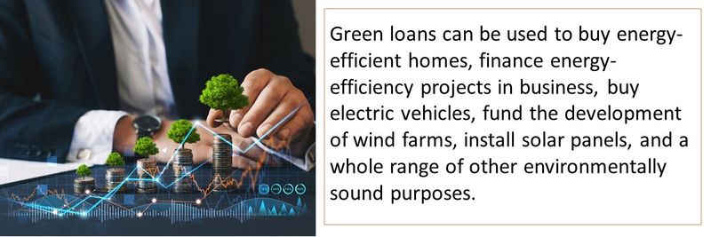 Green loans can be used to buy energy-efficient homes, finance energy-efficiency projects in business, buy electric vehicles, fund the development of wind farms, install solar panels, and a whole range of other environmentally sound purposes.