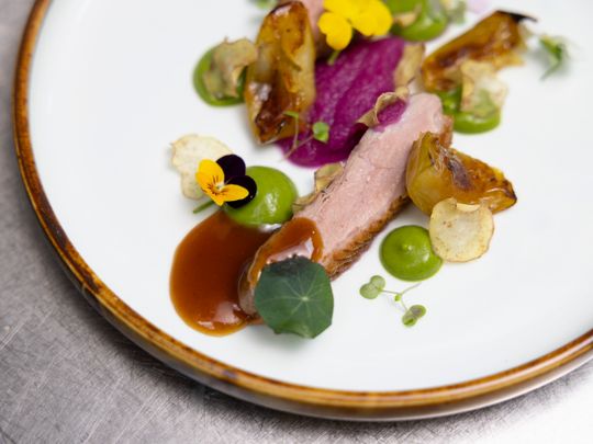 Pan-seared duck with apple and brussel sprout 