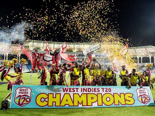 The West Indies team celebrate winning the T20I series against England