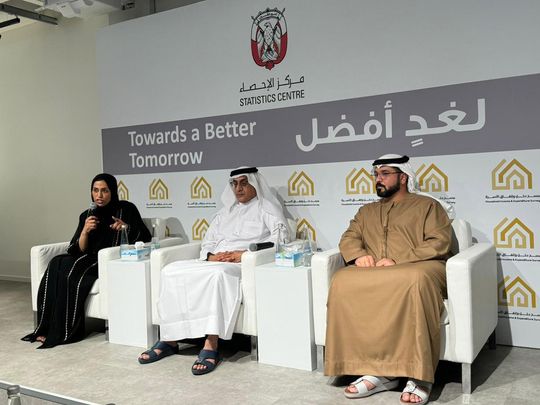 (from-left)-Statistic-Centre-–-Abu-Dhabi-officials-Hanan-Al-Marzouqi,-Abu-Bakr-Al-Amoudi,-and-Eid-Muhammad-Al-Qubaisi-during-the-press-conference-at-the-Centre’s-headquarters-on-Monday-1703507075067