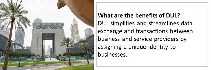 What are the benefits of DUL? DUL simplifies and streamlines data exchange and transactions between business and service providers by assigning a unique identity to businesses.