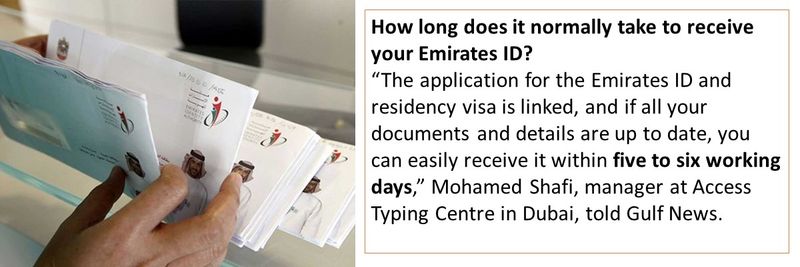 “The application for the Emirates ID and residency visa is linked, and if all your documents and details are up to date, you can easily receive it within five to six working days,” Mohamed Shafi, manager at Access Typing Centre in Dubai, told Gulf News.