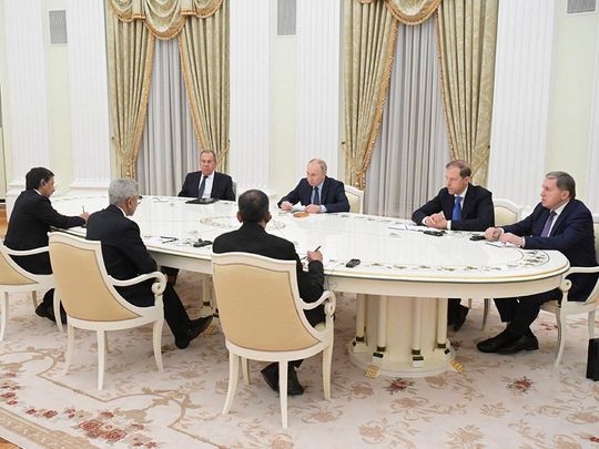 In this pool photograph distributed by Russian state agency Sputnik, Russia's President Vladimir Putin (C) attends a meeting with India's Foreign Minister Subrahmanyam Jaishankar (2nd L) in Moscow on December 27, 2023. 