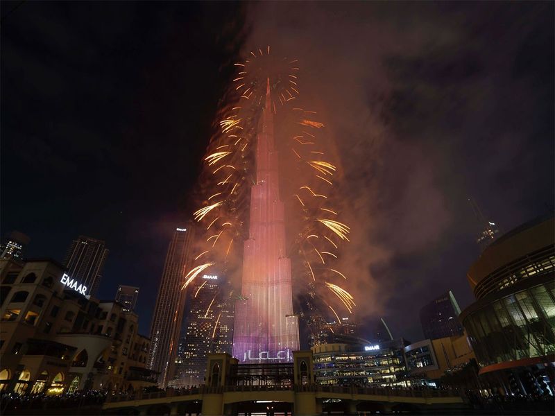 Burj Khalifa fireworks light up the Dubai sky to welcome New Year 2024.