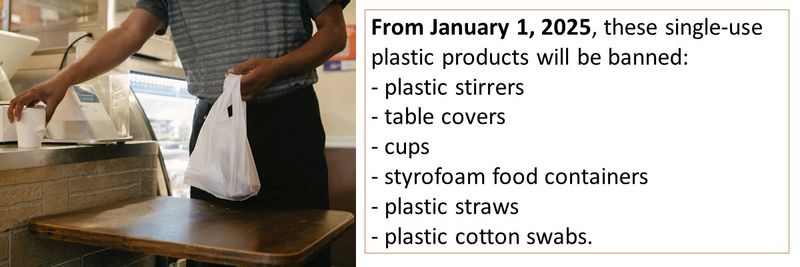 From January 1, 2025, these single-use plastic products will be banned:  - plastic stirrers  - table covers  - cups  - styrofoam food containers  - plastic straws  - plastic cotton swabs. 