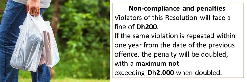 Non-compliance and penalties  Violators of this Resolution will face a fine of Dh200.  If the same violation is repeated within one year from the date of the previous offence, the penalty will be doubled, with a maximum not exceeding Dh2,000 when doubled. 