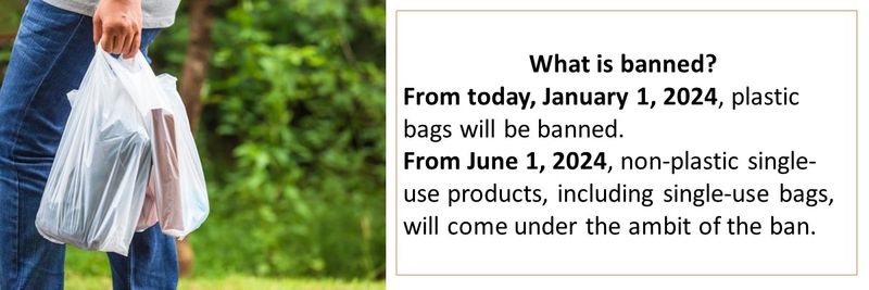 What is banned?  From today, January 1, 2024, plastic bags will be banned.  From June 1, 2024, non-plastic single-use products, including single-use bags, will come under the ambit of the ban.