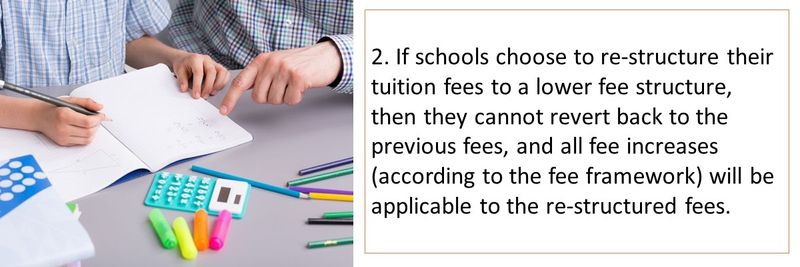 2. If schools choose to re-structure their tuition fees to a lower fee structure, then they cannot revert back to the previous fees, and all fee increases (according to the fee framework) will be applicable to the re-structured fees.