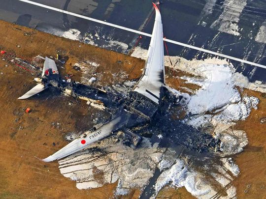 An aerial view shows burnt Japan Airlines' (JAL) Airbus A350 plane after a collision with a Japan Coast Guard aircraft at Haneda International Airport in Tokyo, Japan January 3, 2024, in this photo taken by Kyodo. 
