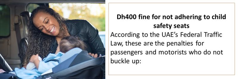Dh400 fine for not adhering to child safety seats According to the UAE’s Federal Traffic Law, these are the penalties for passengers and motorists who do not buckle up: