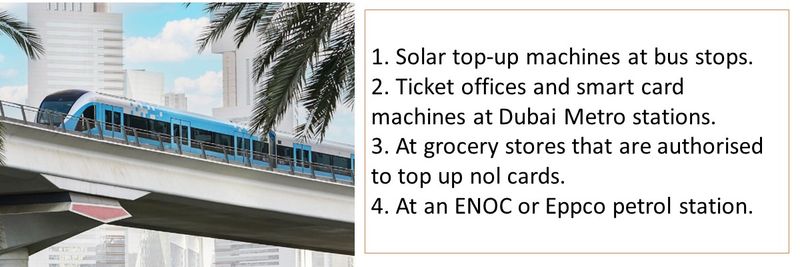 1. Solar top-up machines at bus stops. 2. Ticket offices and smart card machines at Dubai Metro stations. 3. At grocery stores that are authorised to top up nol cards. 4. At an ENOC or Eppco petrol station.