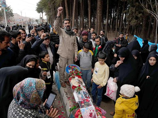 People chant slogans at the scene of Wednesday's bomb explosion in the city of Kerman, about 820 kms southeast of the capital Tehran, on Thursday, January 4, 2024. 