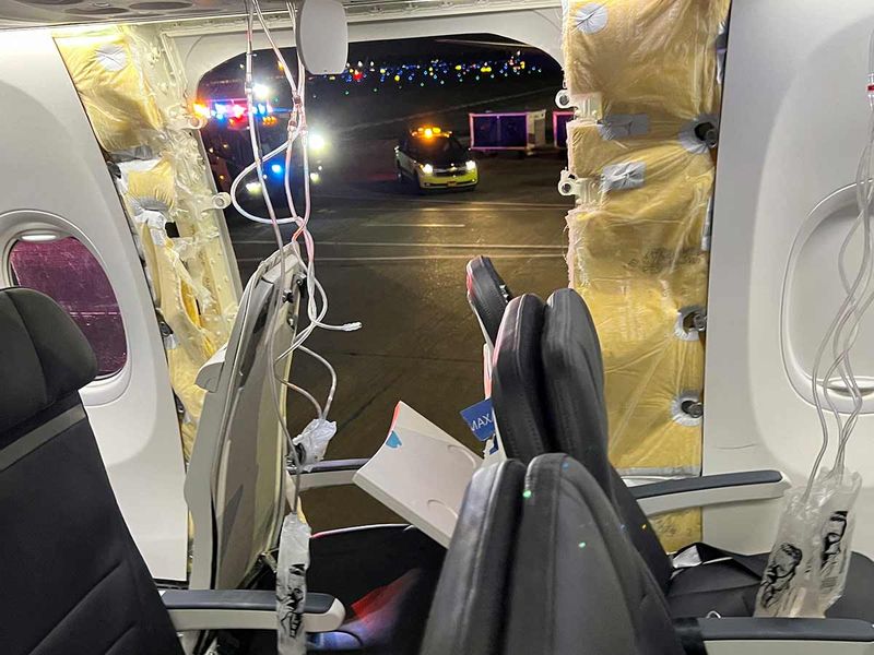 Passenger oxygen masks hang from the roof next to a missing window and a portion of a side wall of an Alaska Airlines Flight 1282, which had been bound for Ontario, California and suffered depressurization soon after departing, in Portland, Oregon, U.S., January 5, 2024 in this picture obtained from social media
