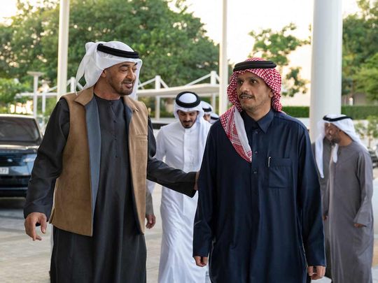 President His HIghnessSheikh Mohamed bin Zayed Al Nahyan receives Sheikh Mohamed bin Abdulrahman Al Thani, Prime Minister and Minister of Foreign Affairs of Qatar (R), prior to a meeting at Al Shati Palace.
