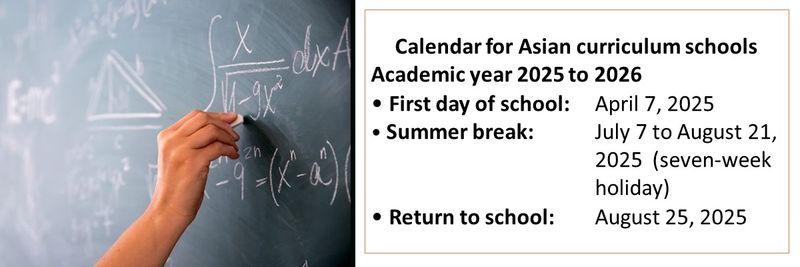 Calendar for Asian curriculum schools Academic year 2025 to 2026 