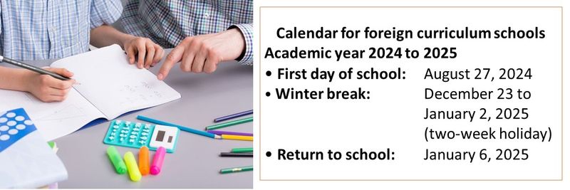 Calendar for foreign curriculum schools Academic year 2024 to 2025 