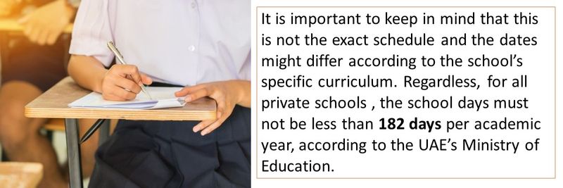 It is important to keep in mind that this is not the exact schedule and the dates might differ according to the school’s specific curriculum. Regardless, for all private schools , the school days must not be less than 182 days per academic year, according to the UAE’s Ministry of Education. 