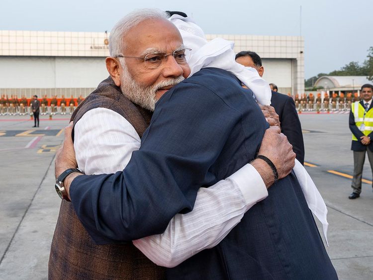 His Highness Sheikh Mohamed bin Zayed Al Nahyan, President of the United Arab Emirates is received by Narendra Modi, Prime Minister of India, upon arriving at Sardar Vallabhbhai Patel International Airport, ahead of the Vibrant Gujarat Global Summit. 