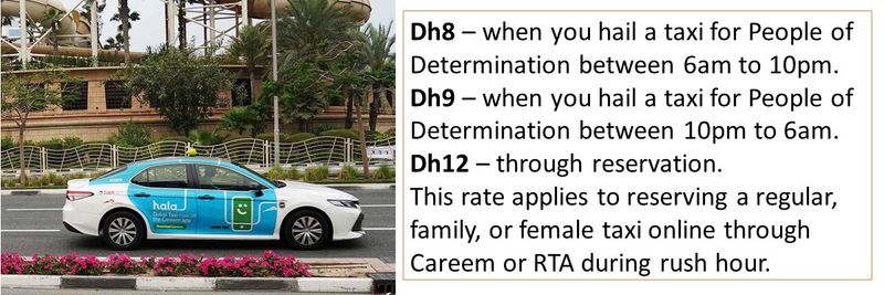 Dh8 – when you hail a taxi for People of Determination between 6am to 10pm. Dh9 – when you hail a taxi for People of Determination between 10pm to 6am. Dh12 – through reservation. This rate applies to reserving a regular, family, or female taxi online through Careem or RTA during rush hour.
