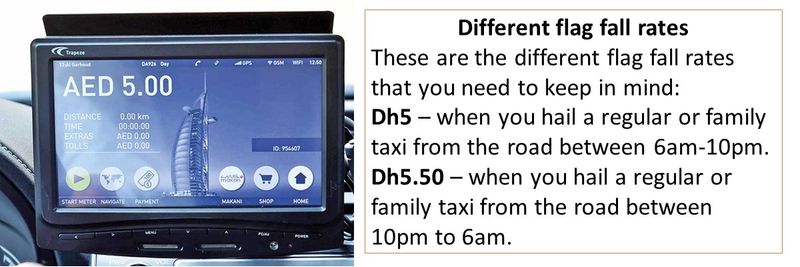 Different flag fall rates These are the different flag fall rates that you need to keep in mind: Dh5 – when you hail a regular or family taxi from the road between 6am-10pm. Dh5.50 – when you hail a regular or family taxi from the road between 10pm to 6am.