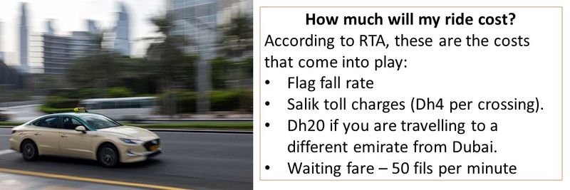 How much will my ride cost? According to RTA, these are the costs that come into play: Flag fall rate Salik toll charges (Dh4 per crossing). Dh20 if you are travelling to a different emirate from Dubai. Waiting fare – 50 fils per minute