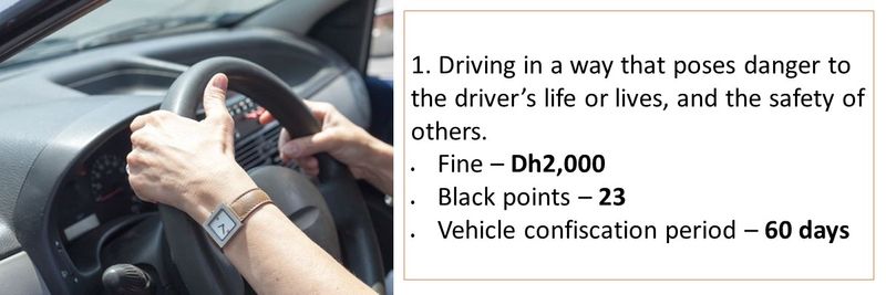 1. Driving in a way that poses danger to the driver’s life or lives, and the safety of others.       Fine – Dh2,000  Black points – 23  Vehicle confiscation period – 60 days