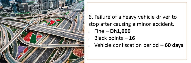 6. Failure of a heavy vehicle driver to stop after causing a minor accident.    Fine – Dh1,000 Black points – 16 Vehicle confiscation period – 60 days