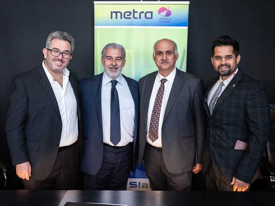From LEFT TO RIGHT: Adib Rajji, VP Vendor Strategy and Business Development of Metra Group, Maan Al Saleh VP Sales and Business Development – Aquila Clouds, Puneet Kaura VP Sales and Operations – Aquila Clouds and Chinmay Hegde - CEO Astrikos, at the signing ceremony. 