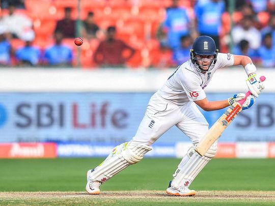 England's Ollie Pope plays a shot during the third day of the first Test cricket match between India and England at the Rajiv Gandhi International Stadium in Hyderabad on January 27, 2024.