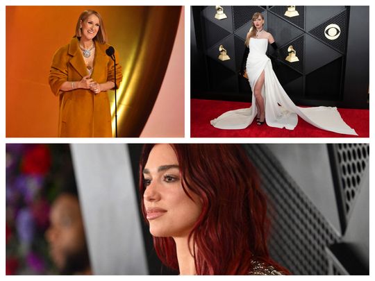 Five unforgettable moments from the Grammys - Celine Dion (top, left), Taylor Swift (top, right), Dua Lipa (bottom)